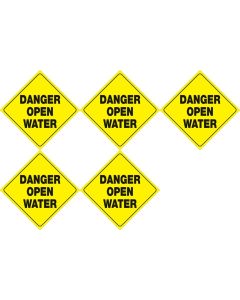 Set of 5 Yellow Plastic Reflective Sign 12 Inch - Danger Open Water