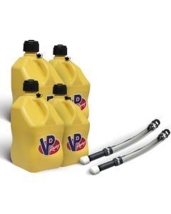 VP Racing 4 Pack Yellow 5.5 Gallon Square Utility Jugs + 2 Deluxe Fill Hoses