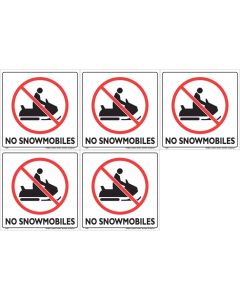 Set of 5 White Plastic Sign 12 Inch - No Snowmobiles